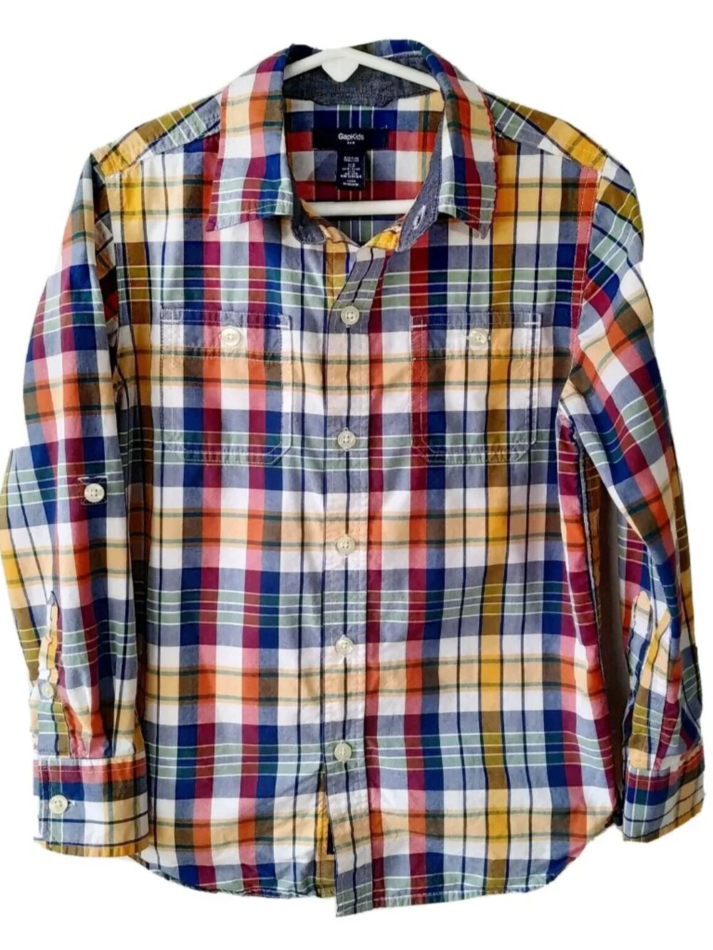 GAP Kids Boys Plaid Shirt Sz S Small  Roll tab Button Down Top Yellow blue red